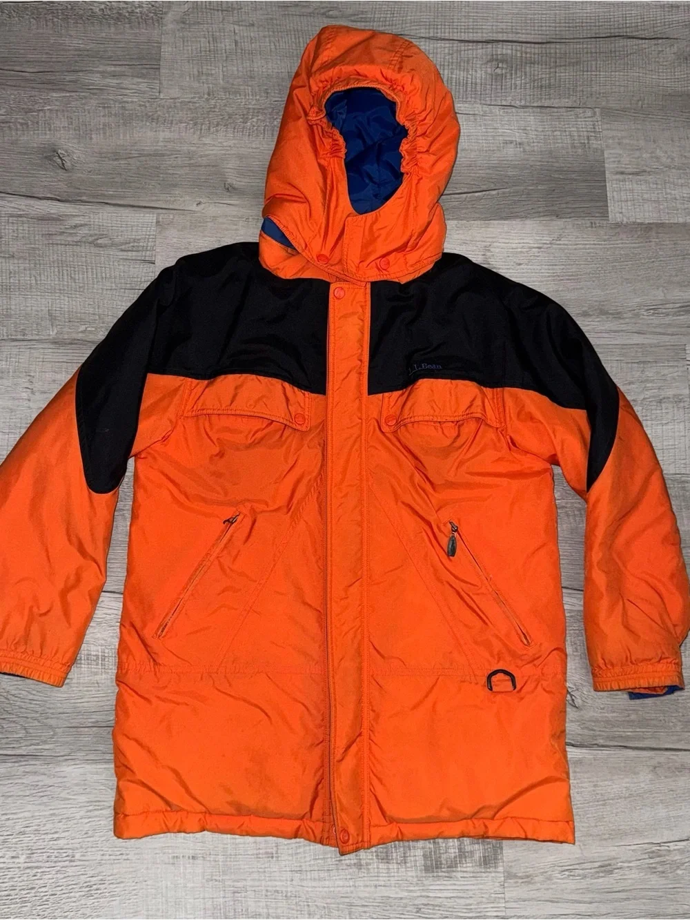 Rare Vintage L.L. Bean Kids Neon Orange , Black & Blue Ski Jacket With Hood